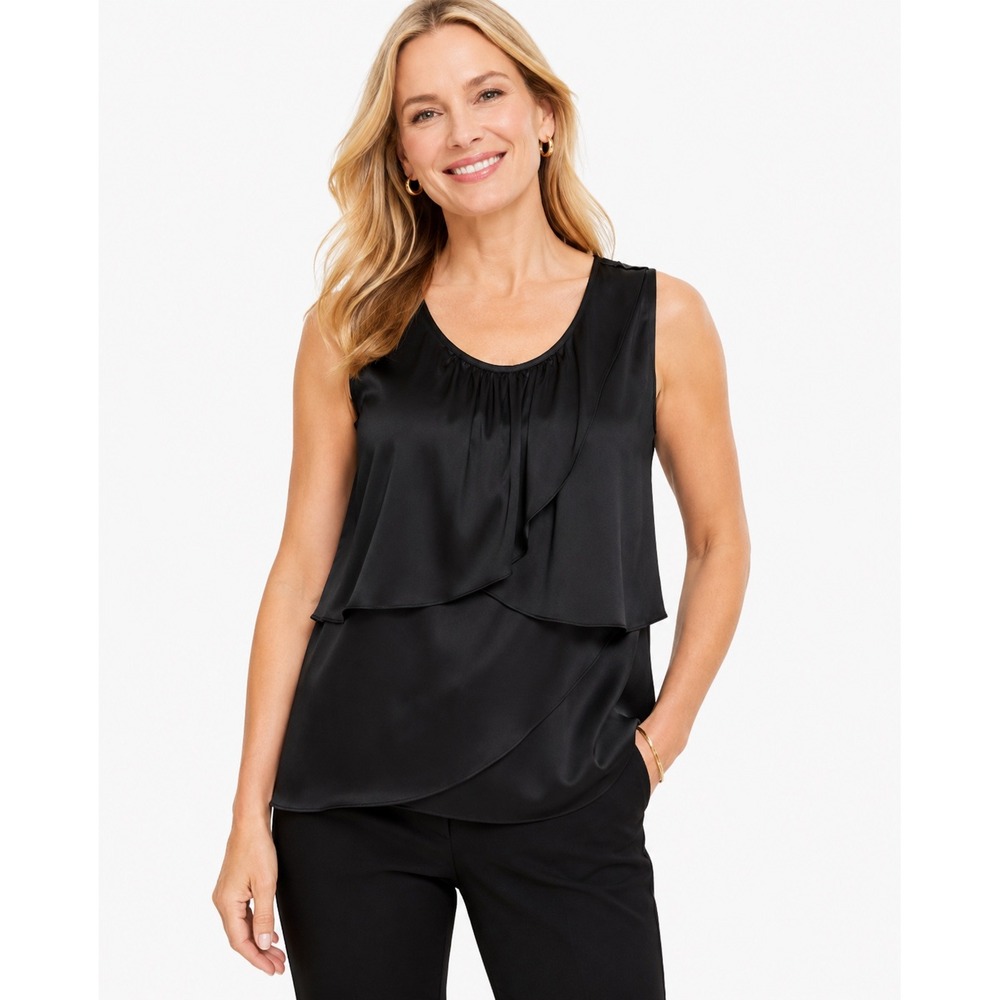 Talbots Petite Black 100% Silk Tiered Ruffle Sleeveless Blouse‎ Top 8P NWT